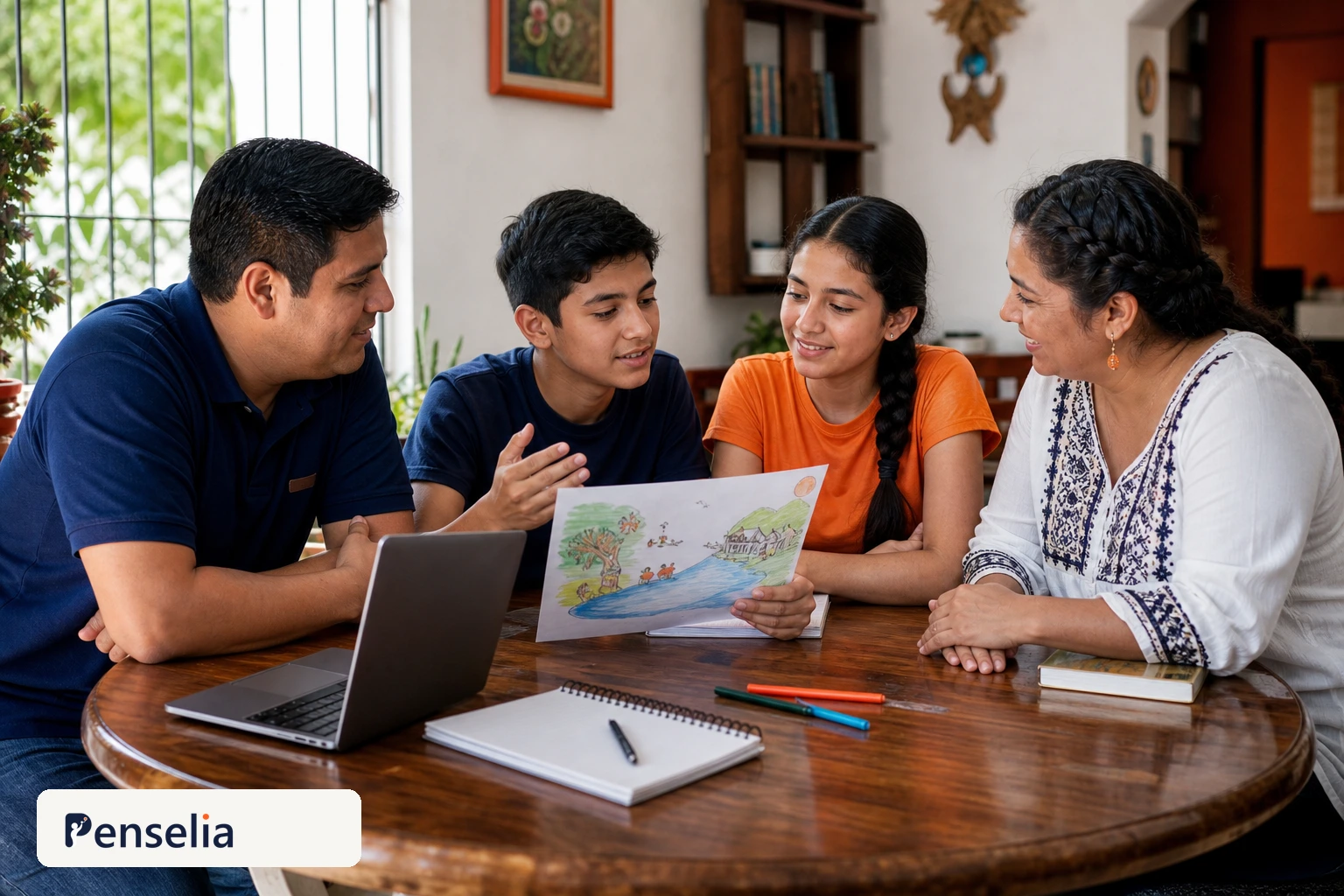 Familia mexicana conversando y compartiendo una creación